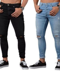 1Puimentiua Men Skinny Jeans Fashion Casual Stretch Denim Pencil Pant Male Trousers Hole Ripped Zipper Jean
