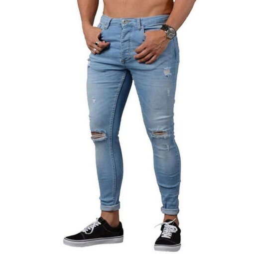 2Puimentiua Men Skinny Jeans Fashion Casual Stretch Denim Pencil Pant Male Trousers Hole Ripped Zipper Jean