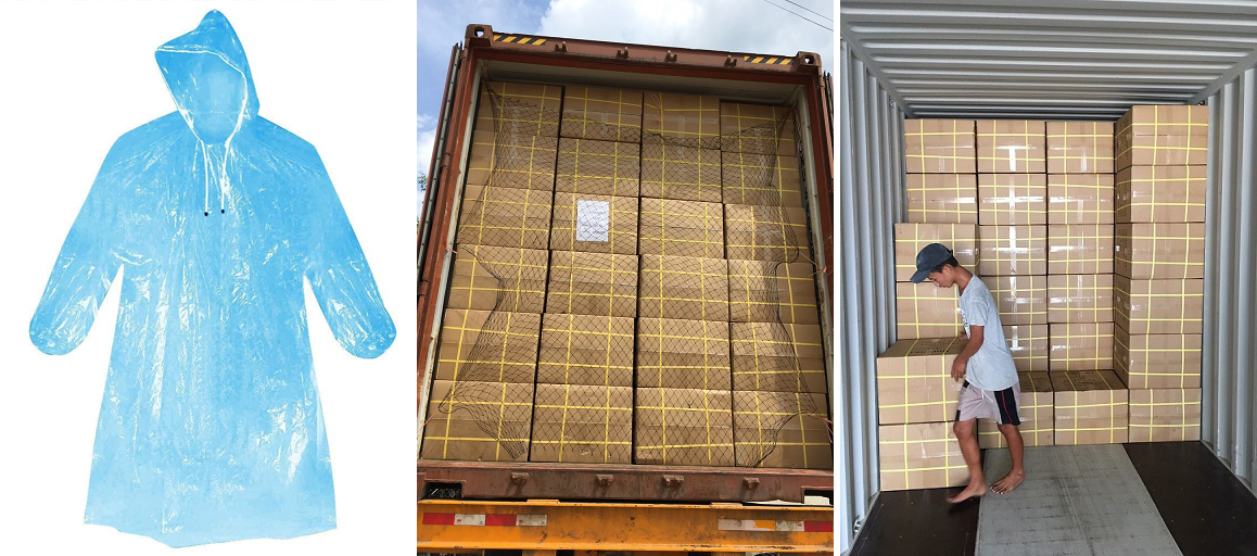 Áo mưa tiện lợi PE thành phẩm đang được đóng hàng vận chuyển bằng Container ra cảng biển cho đơn hàng xuất khẩu số lượng lớn.