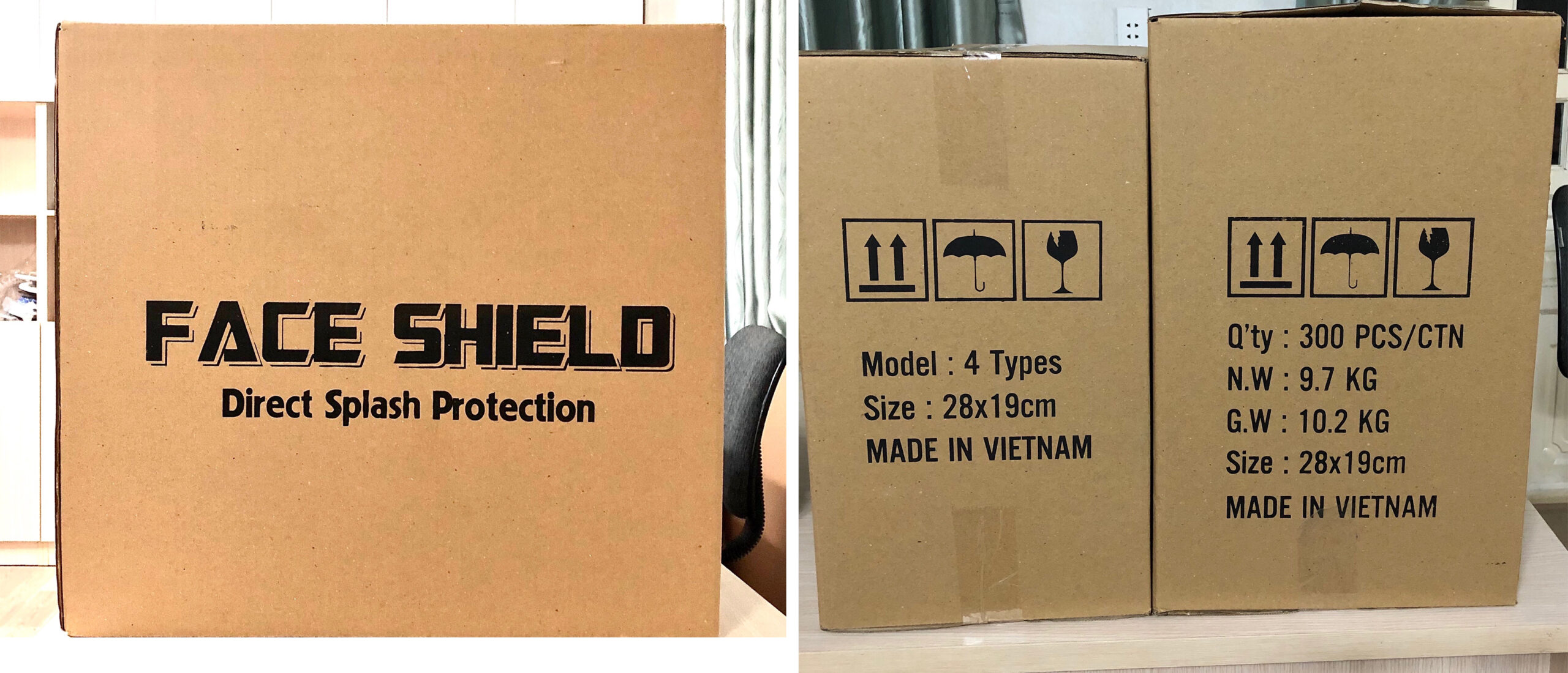 Faceshield được đóng vào thùng cartoon tiêu chuẩn dành cho xuất khẩu đi Mỹ